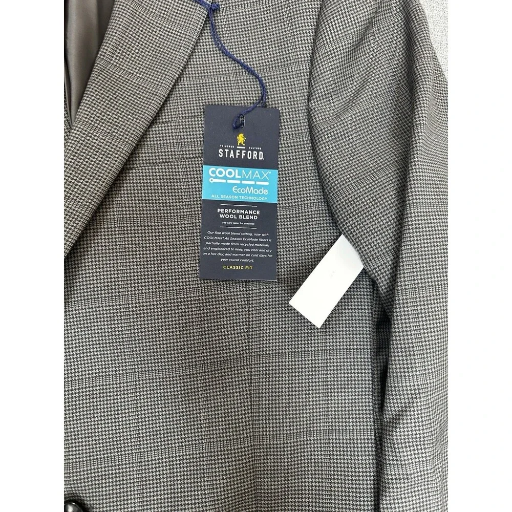 Stafford CoolMax EcoMade Mens  Gray Houndstooth Wool Blend Blazer Jacket Size40R